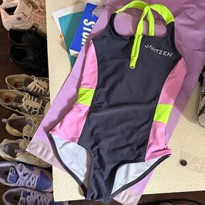 Jantzen Black One-Piece Swimsuit with Pink Panels & Neon Yellow Trim